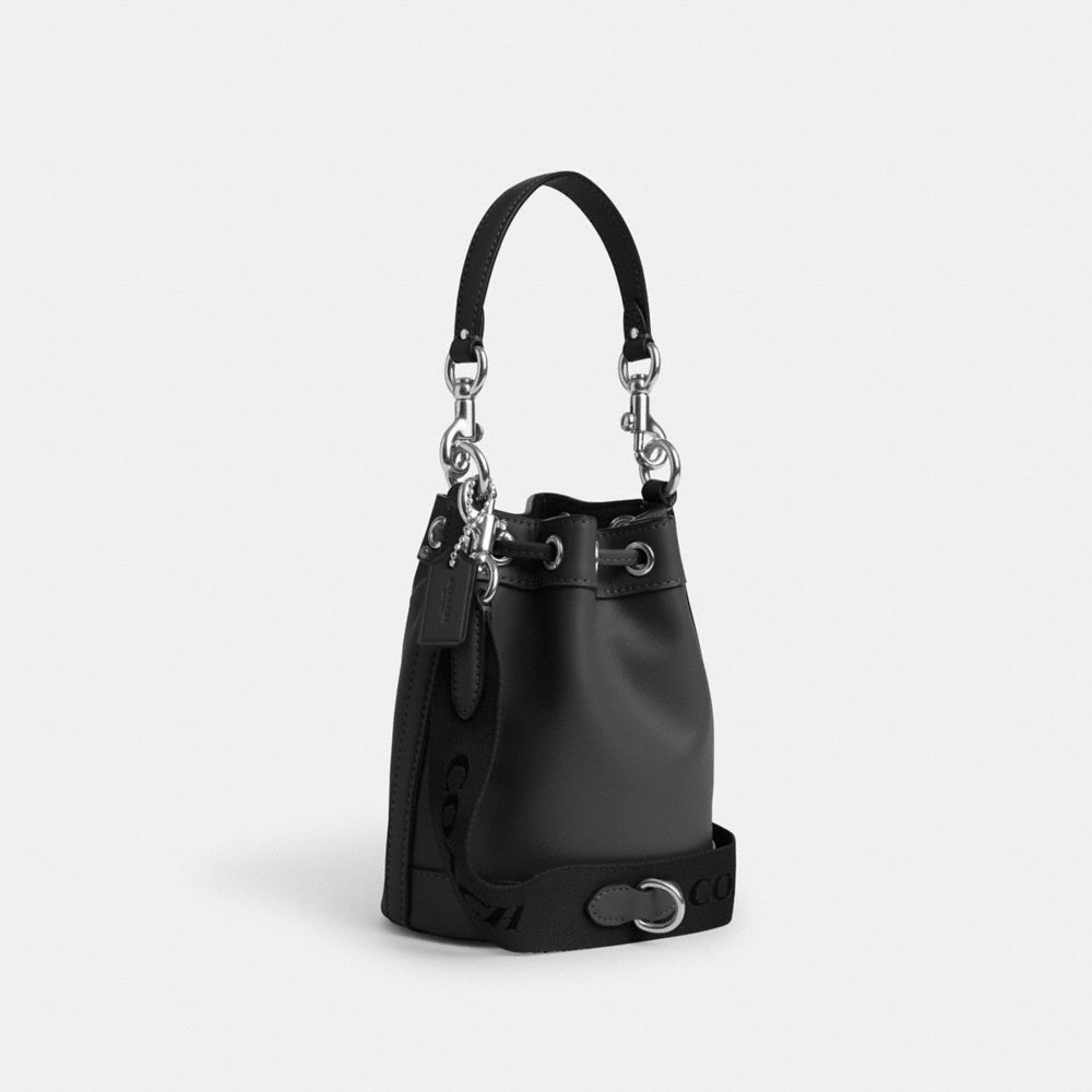 COACH®,Mini Bucket Bag,Leather,Bucket,Logo,Silver Metal,Casual,Black,Angle View