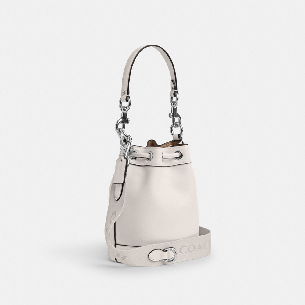 COACH®,Mini Bucket Bag,Leather,Bucket,Logo,Silver Metal,Casual,Cream,Angle View