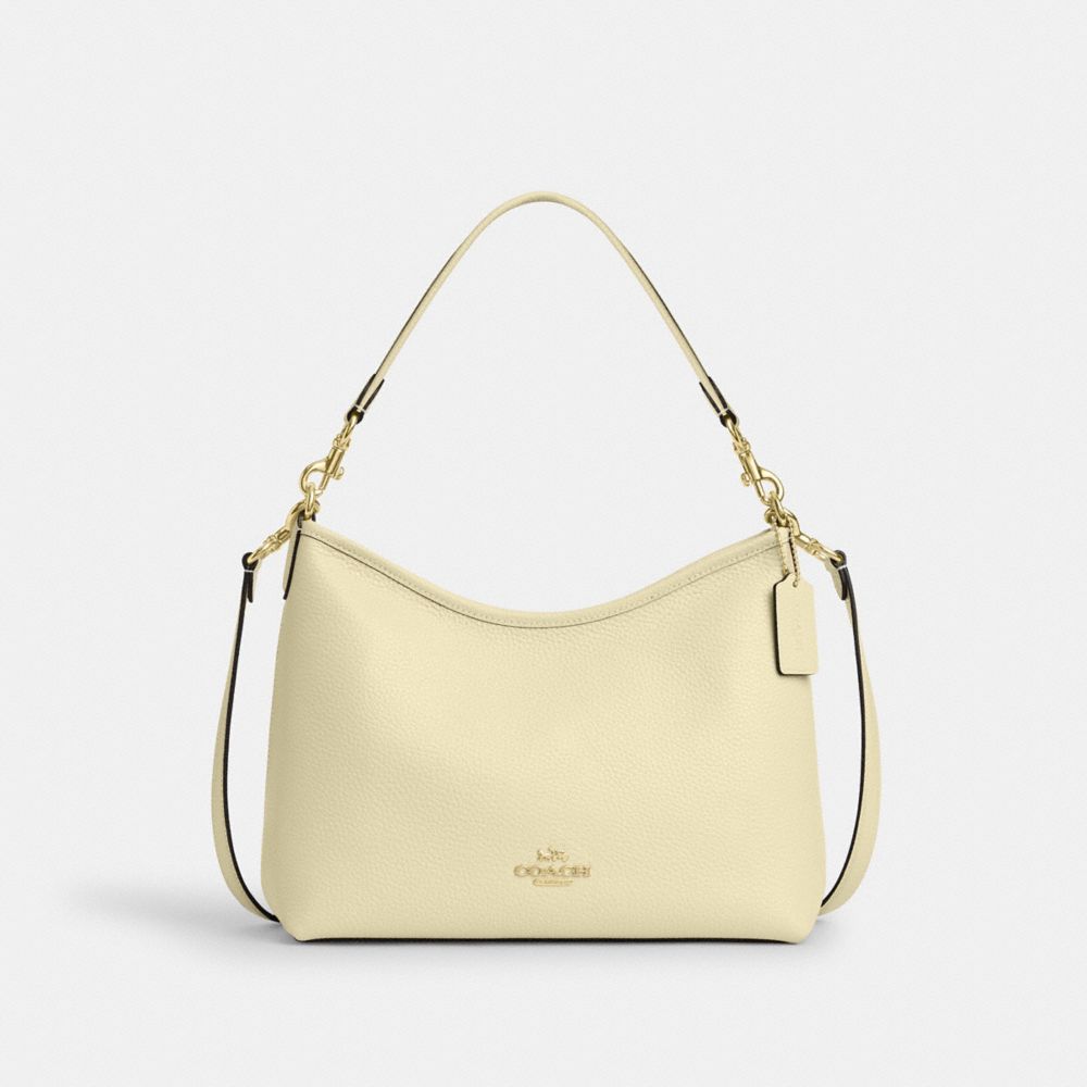 COACH®,Laurel Shoulder Bag,Leather,Hobo,Logo,Gold Metal,Casual,Cream,Front View