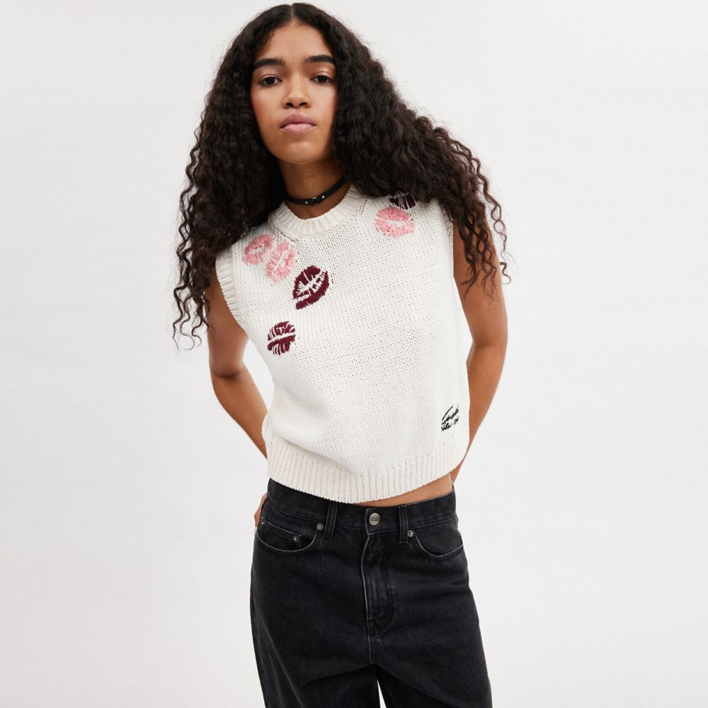 Coach Buy Now Lip Print Sweater Vest In Cream Multi | ModeSens