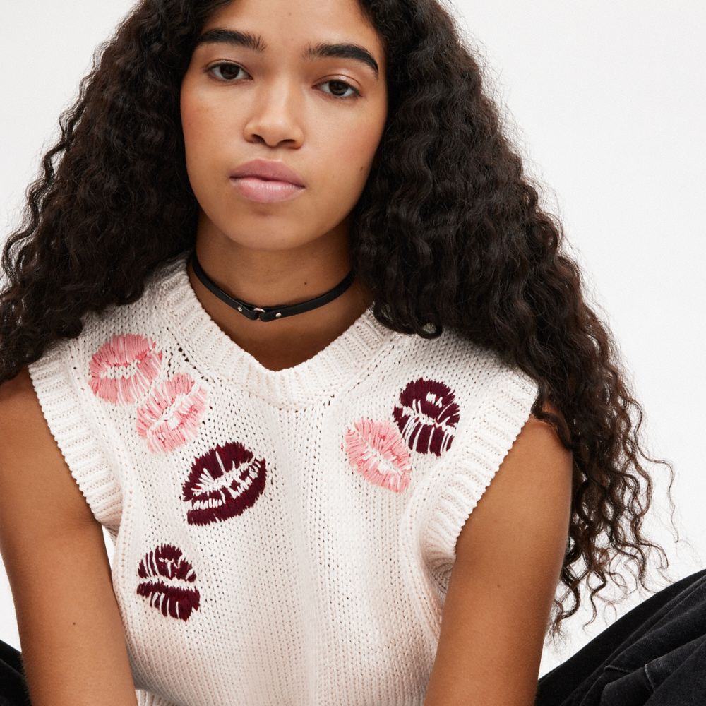 Coach Buy Now Lip Print Sweater Vest In Cream Multi | ModeSens