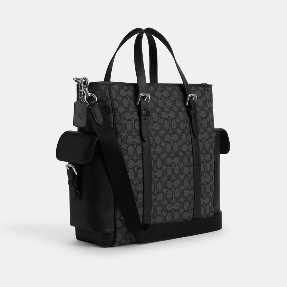 COACH®,Sprint Tote In Signature Jacquard,Leather,Recycled Polyester,Cotton,Tote,Applique,Casual,Black,Angle View