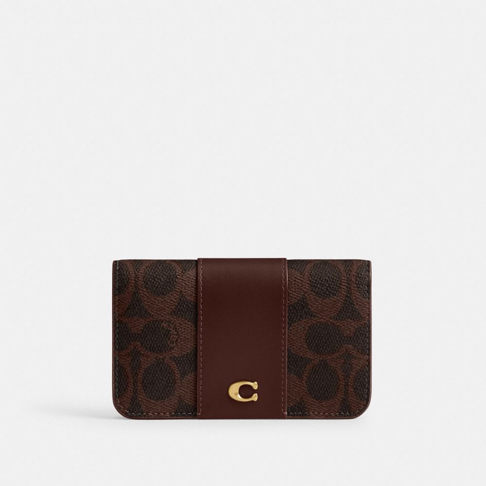 COACH®,Essential Slim Card Case In Signature Canvas,Calfskin Leather,Canvas,Leather,Bi Fold,Color Block,Logo,Metal,Casual,Brown,Front View