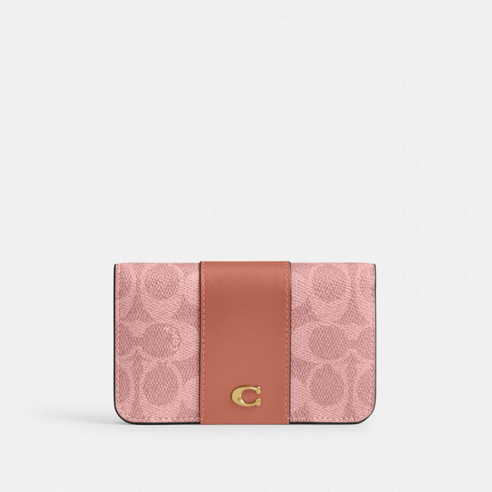 COACH®,Essential Slim Card Case In Signature Canvas,Calfskin Leather,Canvas,Leather,Bi Fold,Color Block,Logo,Metal,Casual,Multi Color,Front View