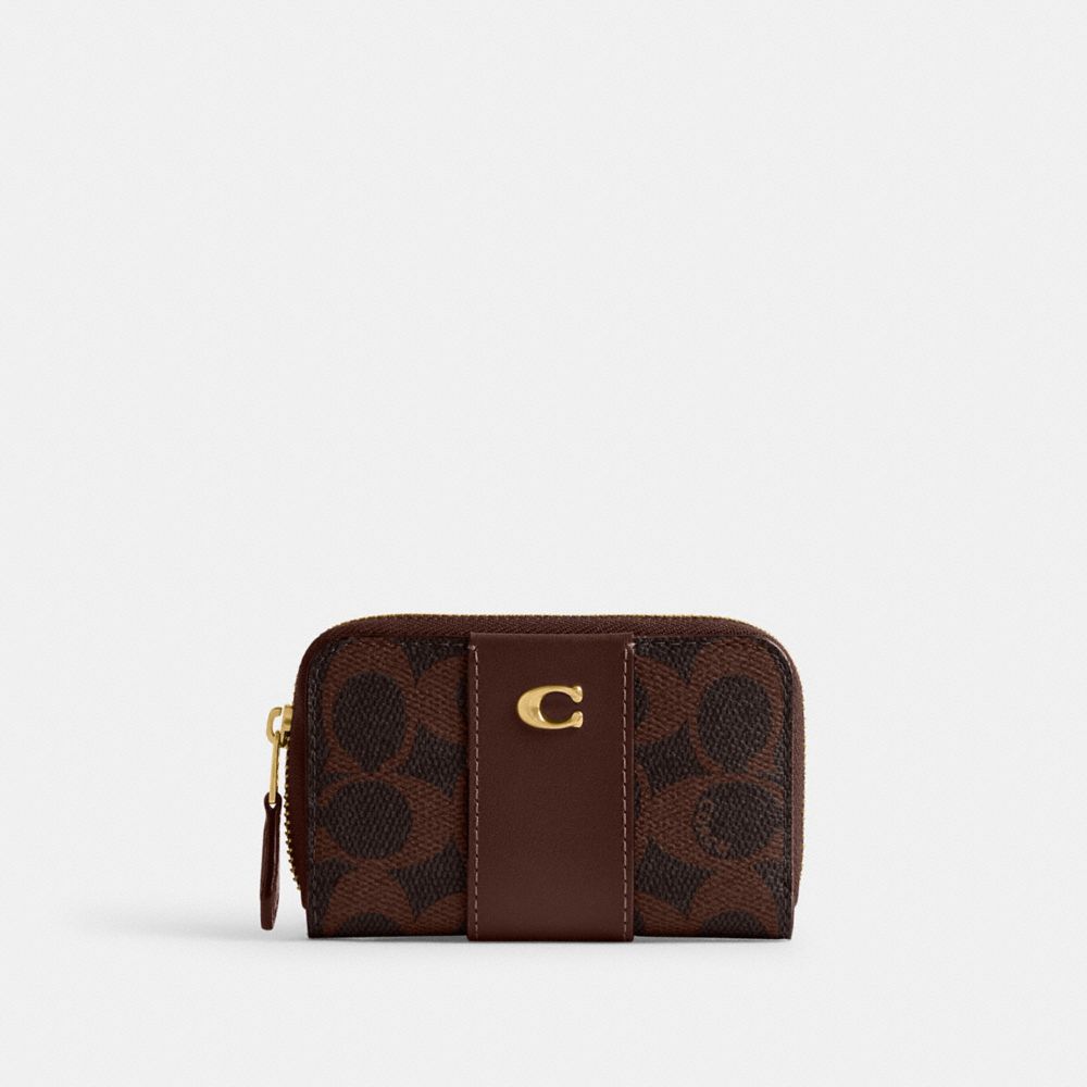 COACH®,Essential Small Zip Around Card Case In Signature Canvas,Leather,Canvas,Calfskin Leather,Card Case,Coin,Metal Mater...,Brown,Front View