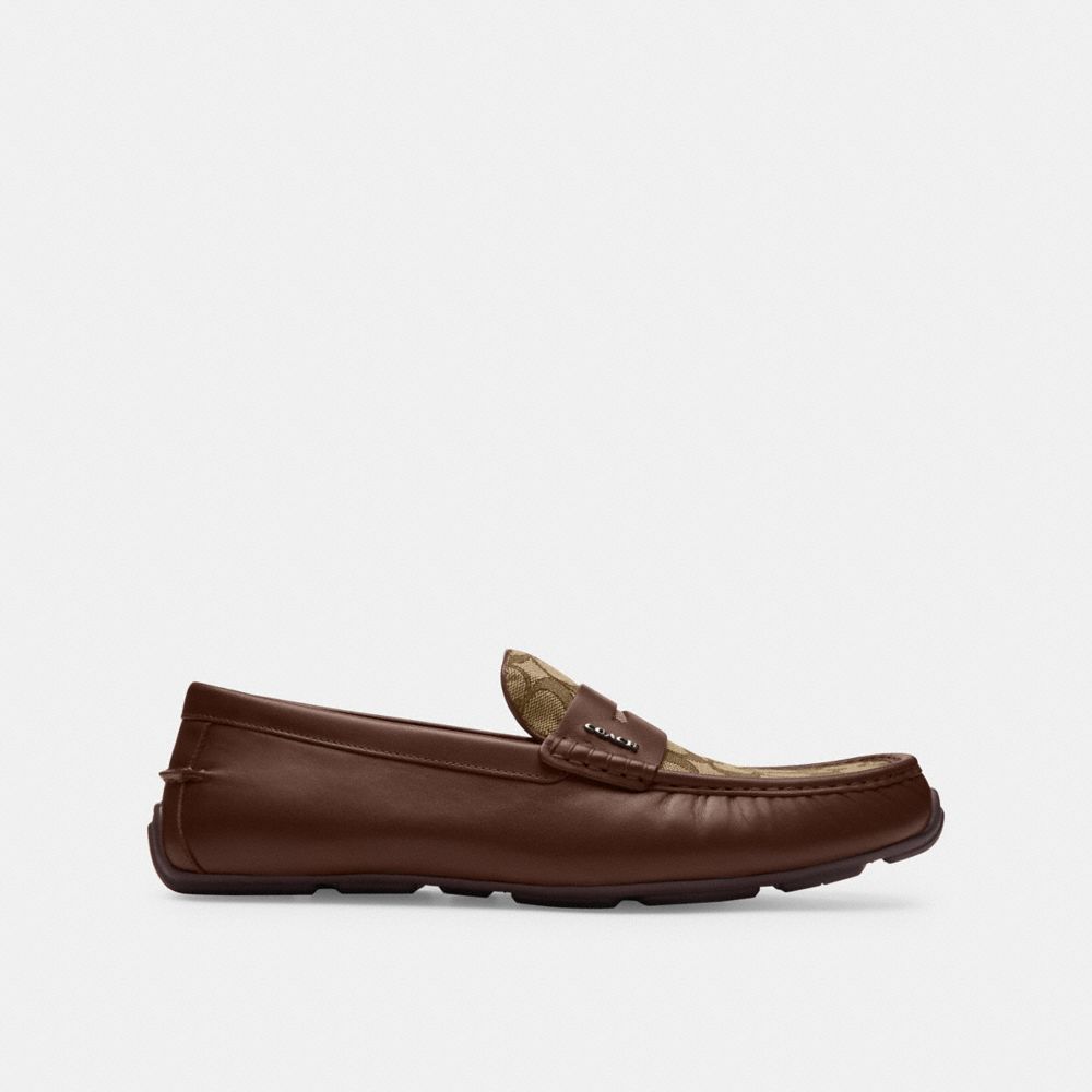 COACH®,Liam Driver In Signature Jacquard,Leather,Loafer,Metal,Penny Loafer,Logo,Business Casual,Brown,Angle View