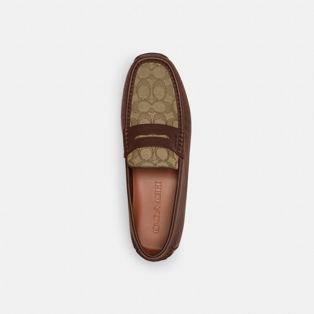 COACH®,Liam Driver In Signature Jacquard,Leather,Loafer,Metal,Penny Loafer,Logo,Business Casual,Brown,Inside View,Top View