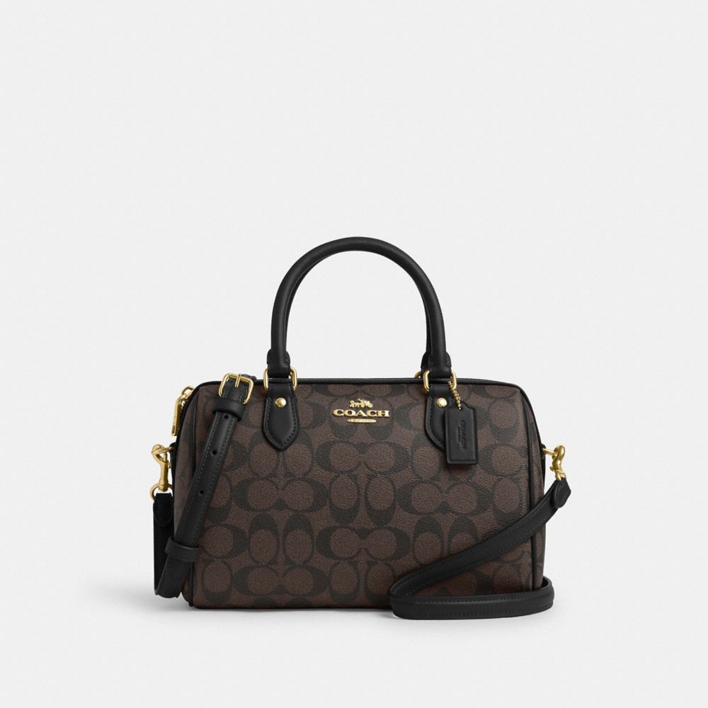 COACH®,Rowan Satchel Bag In Signature Canvas,Leather,Canvas,Satchel,Logo,Work,Brown,Front View