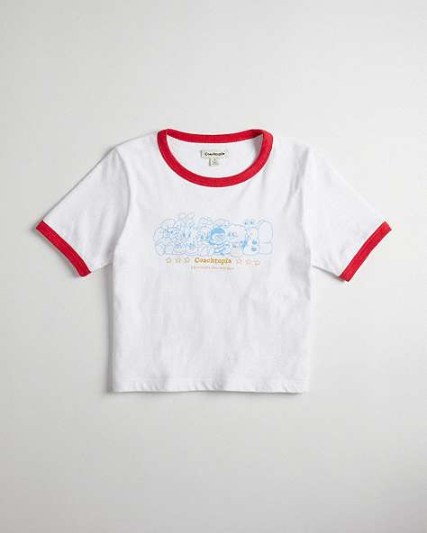 COACH®,Baby T-Shirt in 98% Recycled Cotton: Coachtopia Creatures,98% Recycled Cotton, 2% Recycled Poly,White/Red Multi,Front View