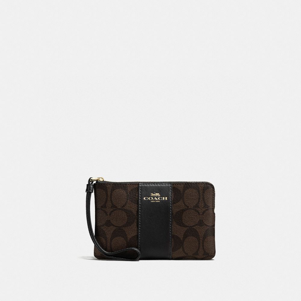 COACH®,Corner Zip Wristlet In Signature Canvas,Canvas,Coin,Wristlet,Logo,Casual,Brown,Front View