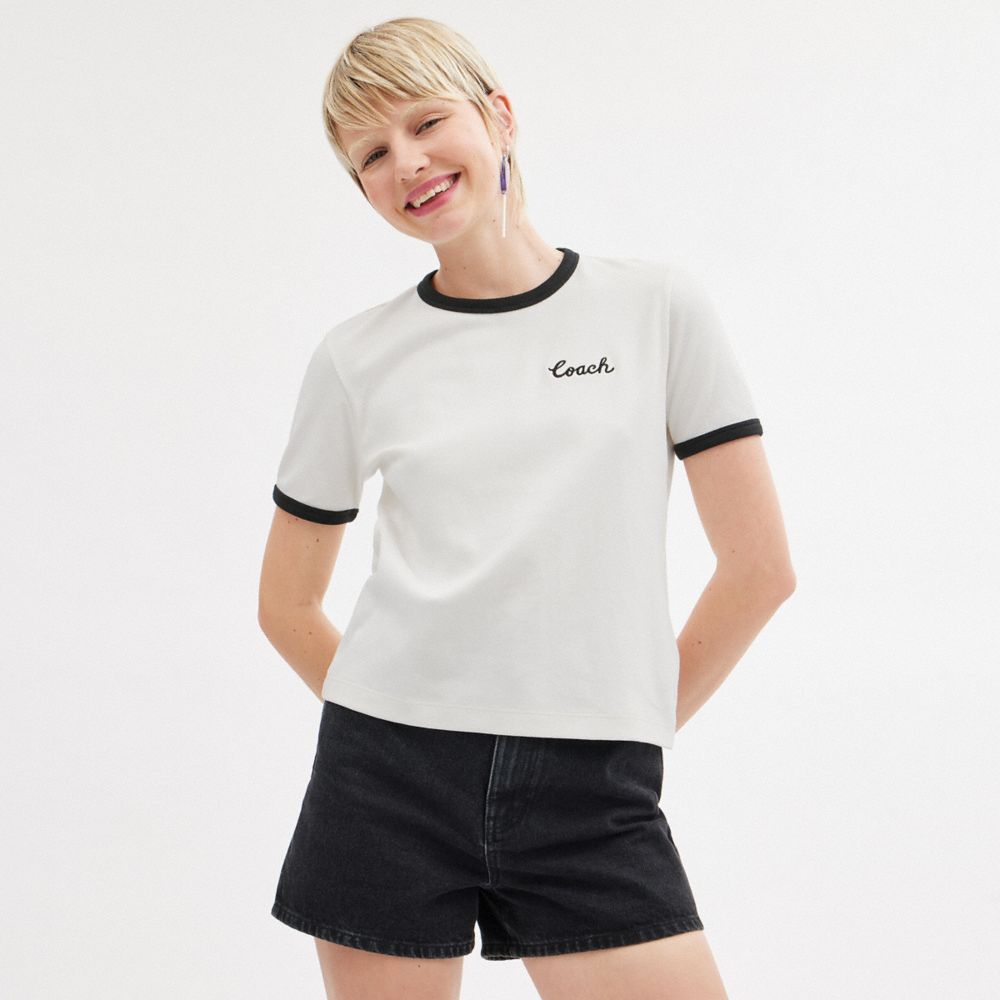 COACH®,Coach Ringer T-Shirt,Cotton,T Shirt,Logo,Embroidered,Piping,Casual,White,Scale View