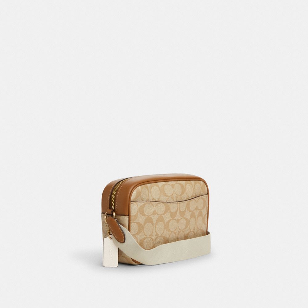 COACH®,Jamie Camera Bag In Signature Canvas With Stripe,Leather,Canvas,Camera Bag,Piping,Word Embellishment,Logo,Color Blo...,Beige,Angle View