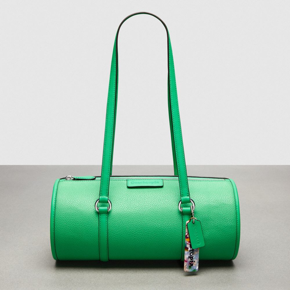 COACH®,Barrel Bag In Coachtopia Leather,Leather,Acrylic,Barrel Bag,Plastic,Tag Embellishment,Silver Metal,Casual,Green,Front View
