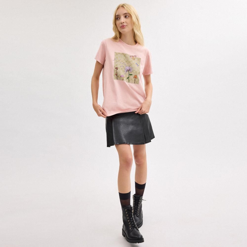 COACH®,Coach X Observed By Us Florals Signature Square T Shirt In Organic Cotton,Cotton,T Shirt,No Embellishment,Casual,Pink,Scale View
