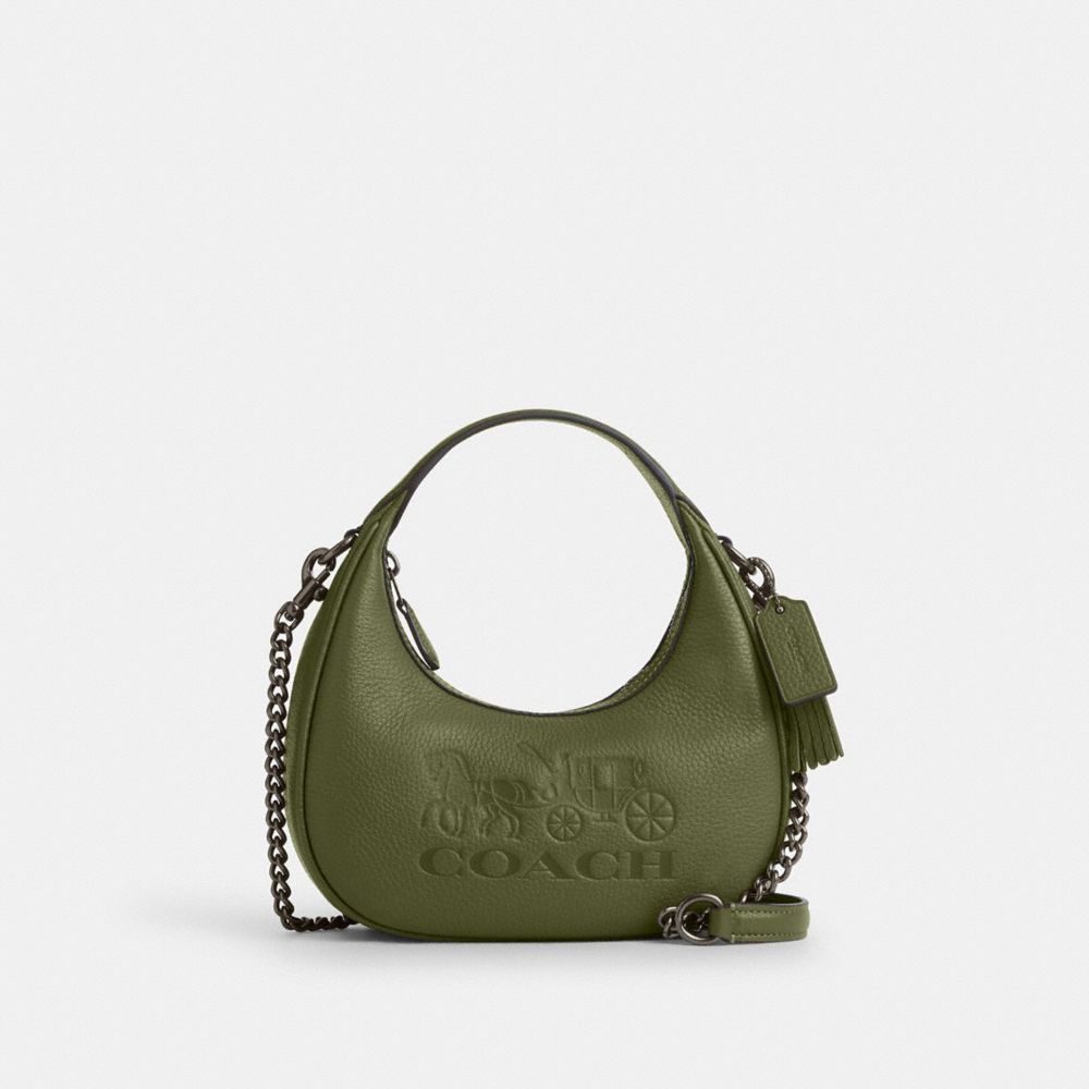 COACH®,Carmen Mini Crossbody,Leather,Crossbody,Chain Detail,Silver Metal,Day Party,Olive,Front View