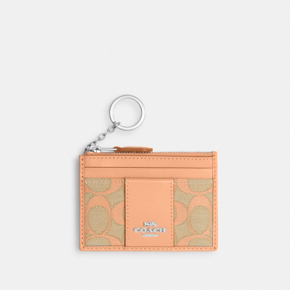 COACH®,Mini Skinny Id Case In Signature Jacquard,Cotton,Recycled Polyester,Coin,Card Case,Piping,Key Ring,Casual,Orange,Front View