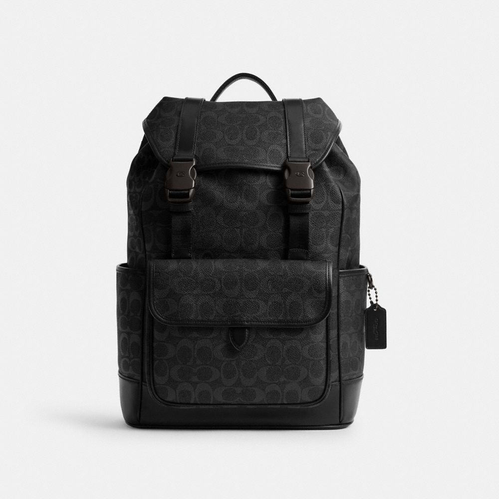 COACH®,League Flap Backpack In Signature Canvas,Calfskin Leather,Leather,Canvas,Backpack,Piping,Color Block,Casual,,Front View