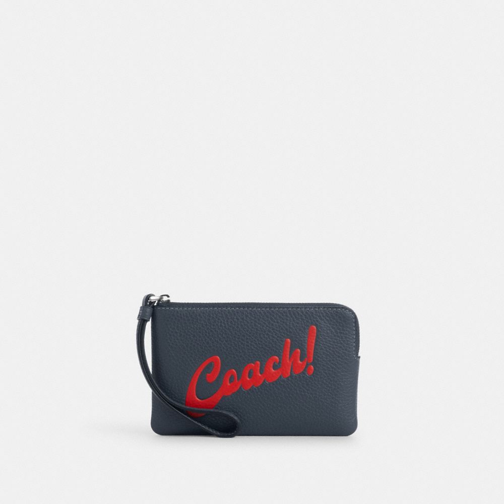 COACH®,Corner Zip Wristlet With Coach Graphic,Leather,Pouch,Wristlet,Navy,Front View