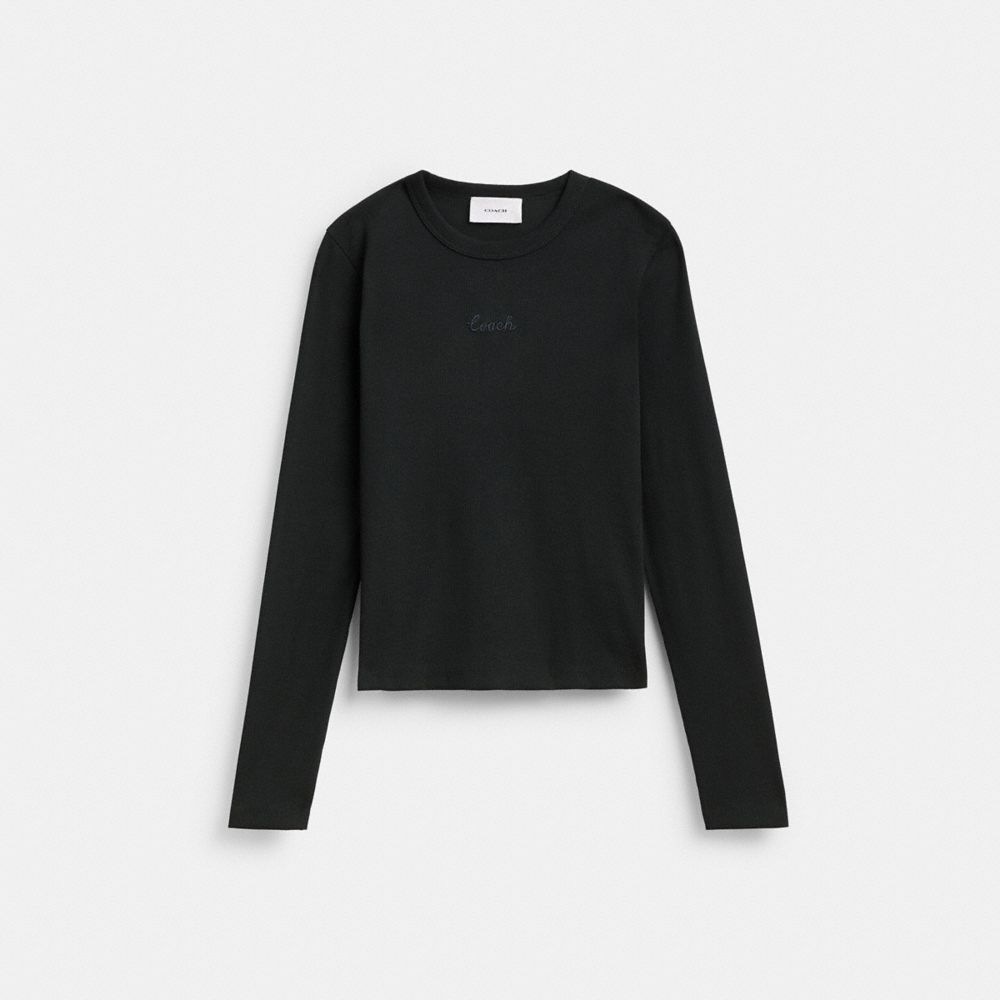 COACH®,Ribbed Long Sleeve Shirt With Coach Embroidery,Cotton,T Shirt,Embroidered,Ribbed,Logo,Casual,Black,Front View