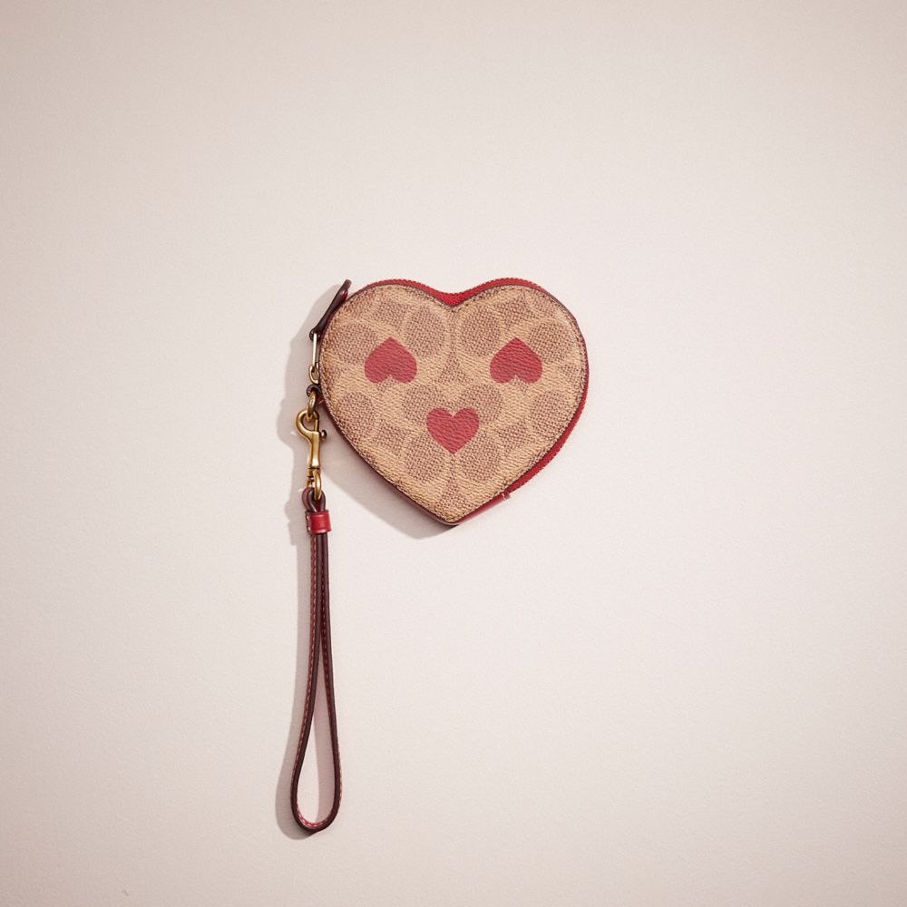 Coach Restored Heart Wristlet in Signature Canvas with Heart Print - Women's Wallets - Brass/Tan Red Apple