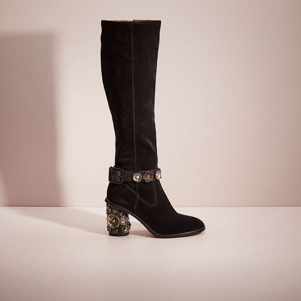 Coach Upcrafted Tea Rose Heel Boot In Black