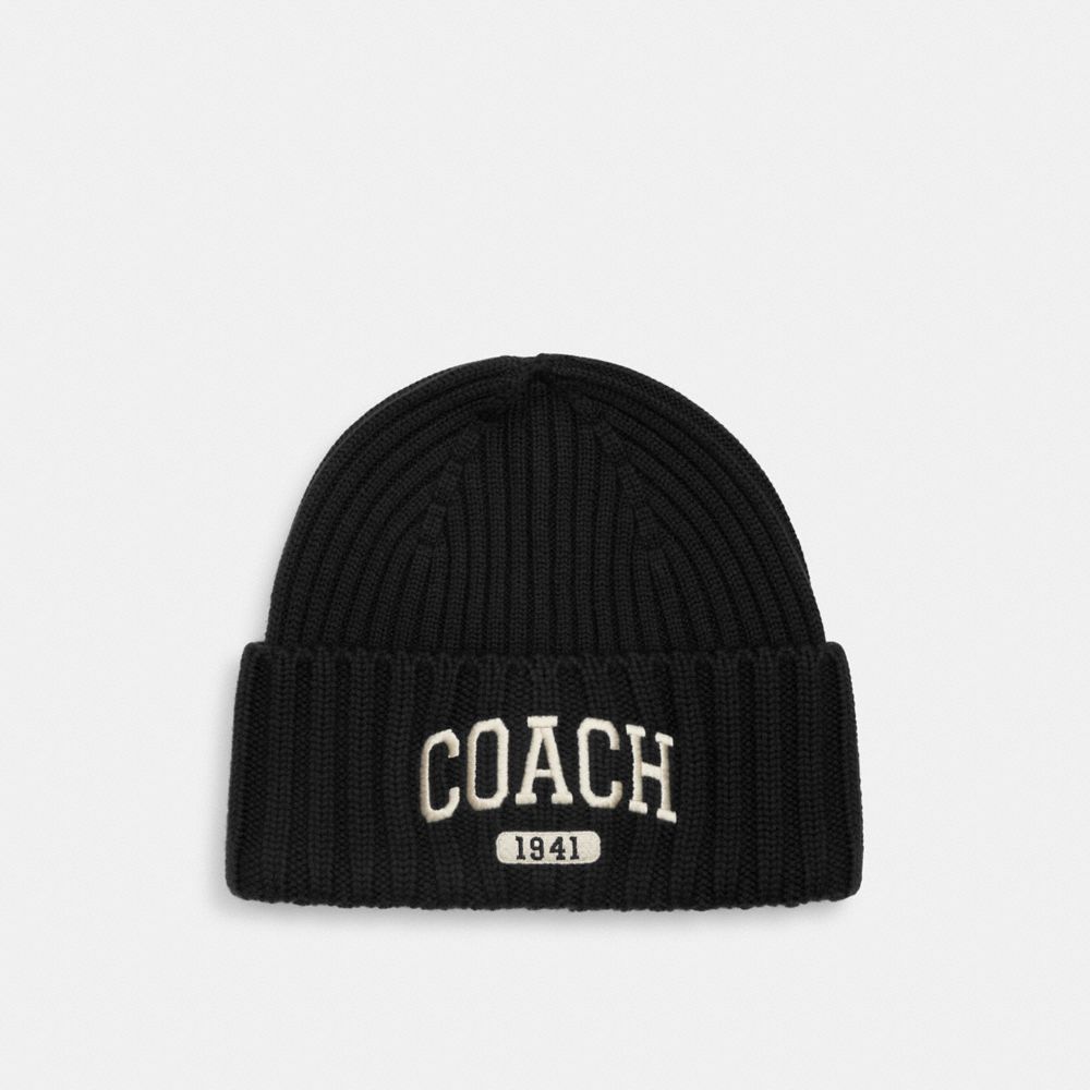 COACH®,Coach 1941 Embroidered Knit Beanie,Wool,Beanie,Ribbed,Casual,Black,Front View