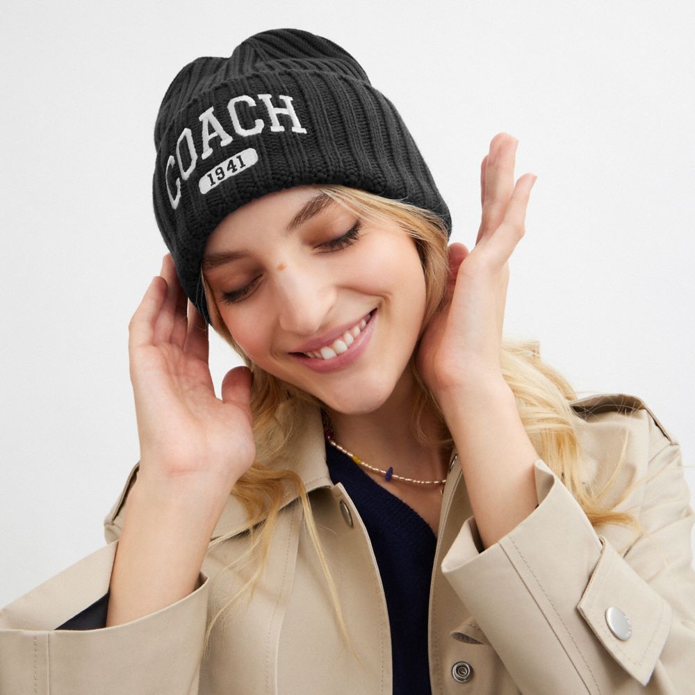 COACH®,Coach 1941 Embroidered Knit Beanie,Wool,Beanie,Ribbed,Casual,Black,Detail View