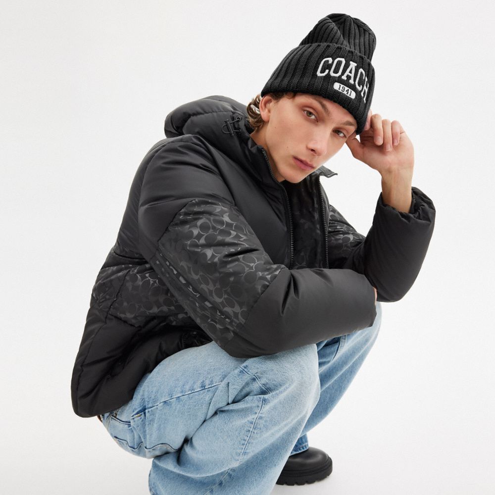 COACH®,Coach 1941 Embroidered Knit Beanie,Wool,Beanie,Ribbed,Casual,Black,Angle View