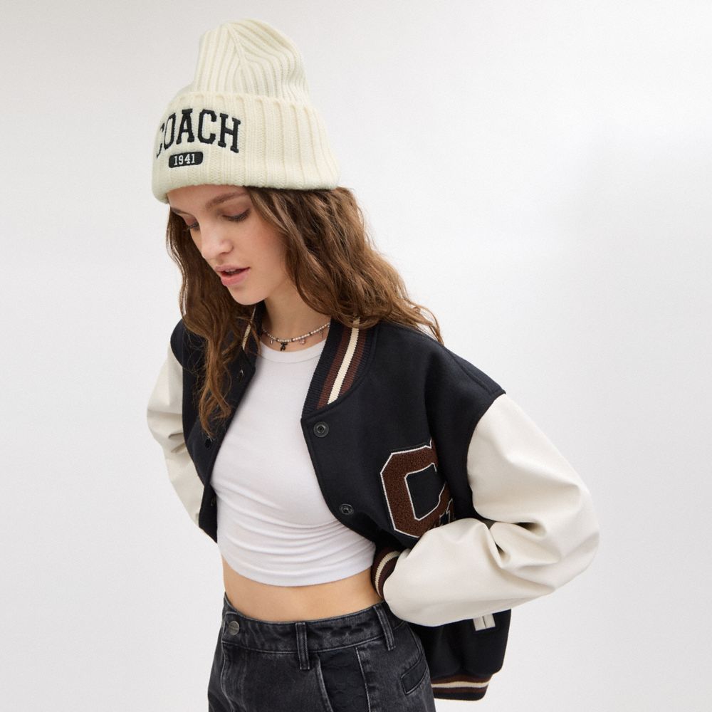 COACH®,Coach 1941 Embroidered Knit Beanie,Wool,Beanie,Ribbed,Casual,Cream,Detail View