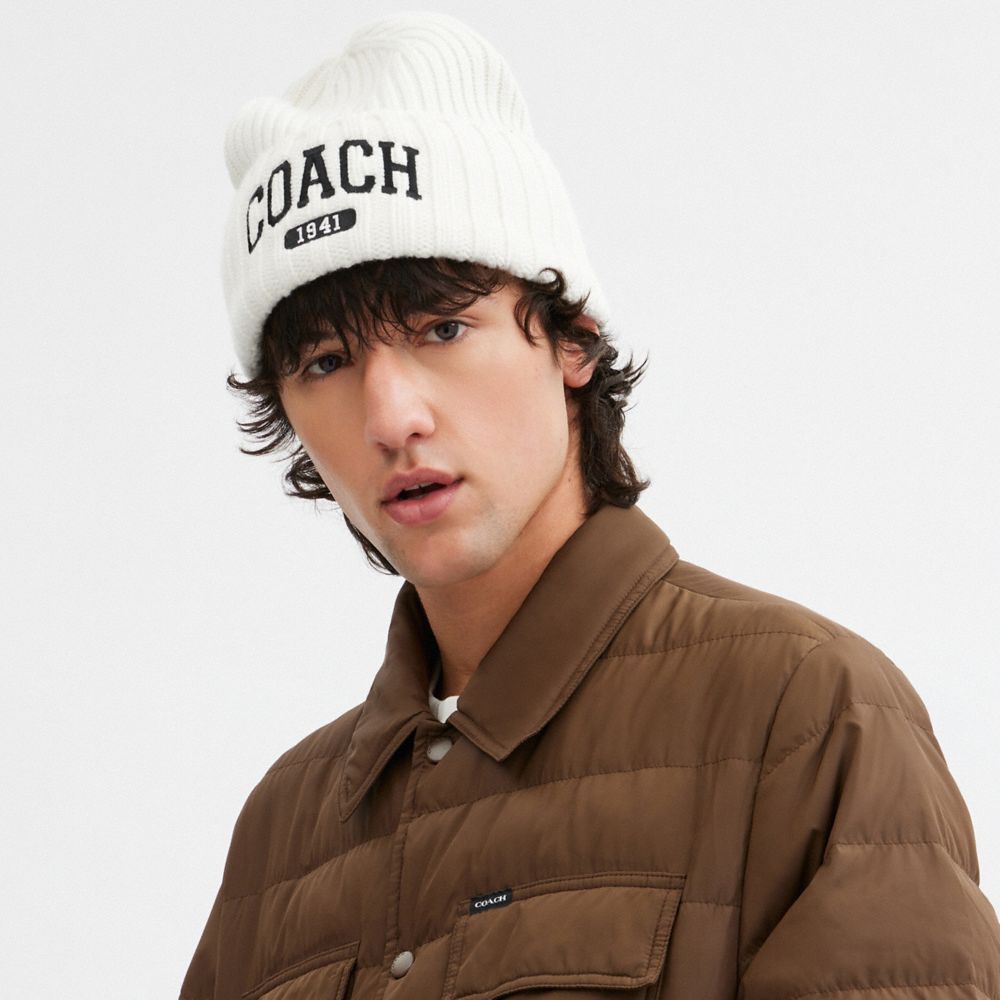 COACH®,Coach 1941 Embroidered Knit Beanie,Wool,Beanie,Ribbed,Casual,Cream,Angle View