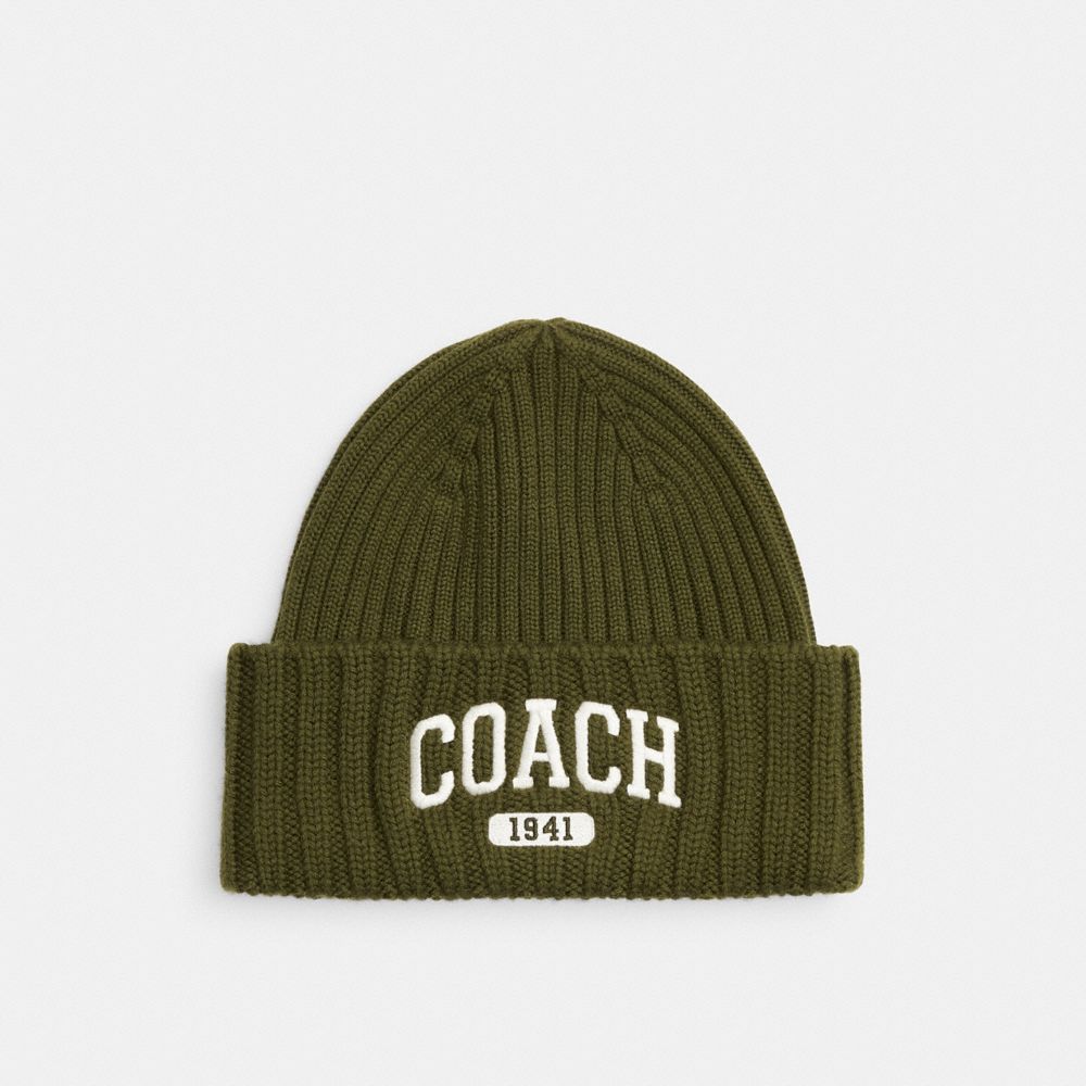 COACH®,Coach 1941 Embroidered Knit Beanie,Wool,Beanie,Ribbed,Casual,Olive,Front View