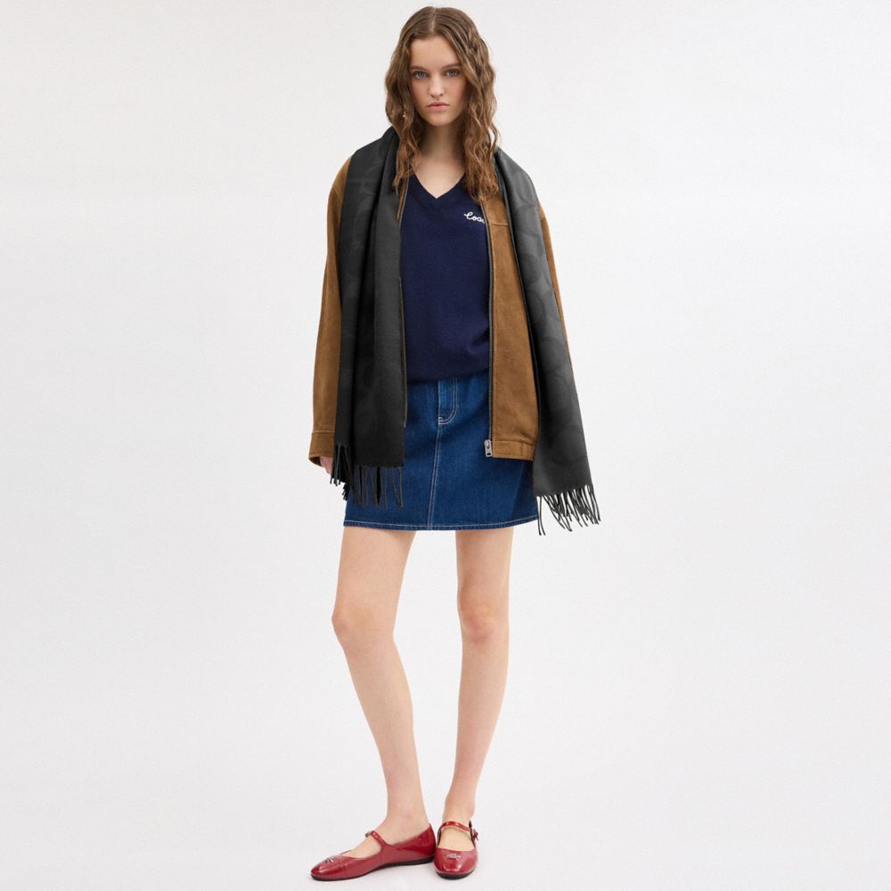 COACH®,Signature Oversized Muffler,Wool,Rectangle,Fringe,Casual,Multi Color,Detail View