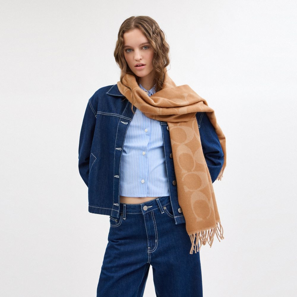 COACH®,Signature Oversized Muffler,Wool,Rectangle,Fringe,Casual,Beige,Detail View