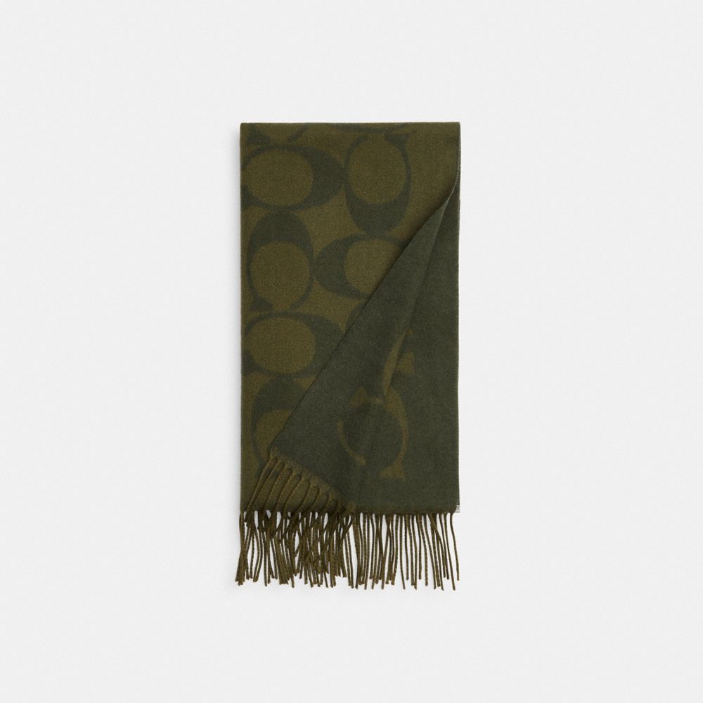 COACH®,Signature Oversized Muffler,Wool,Rectangle,Fringe,Casual,Olive,Front View
