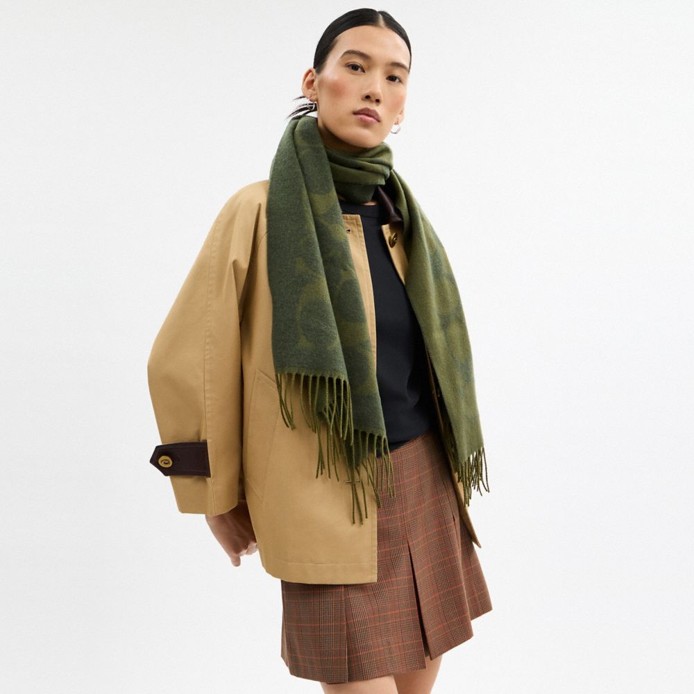 COACH®,Signature Oversized Muffler,Wool,Rectangle,Fringe,Casual,Olive,Detail View