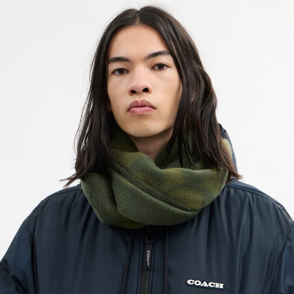 COACH®,Signature Oversized Muffler,Wool,Rectangle,Fringe,Casual,Olive,Angle View