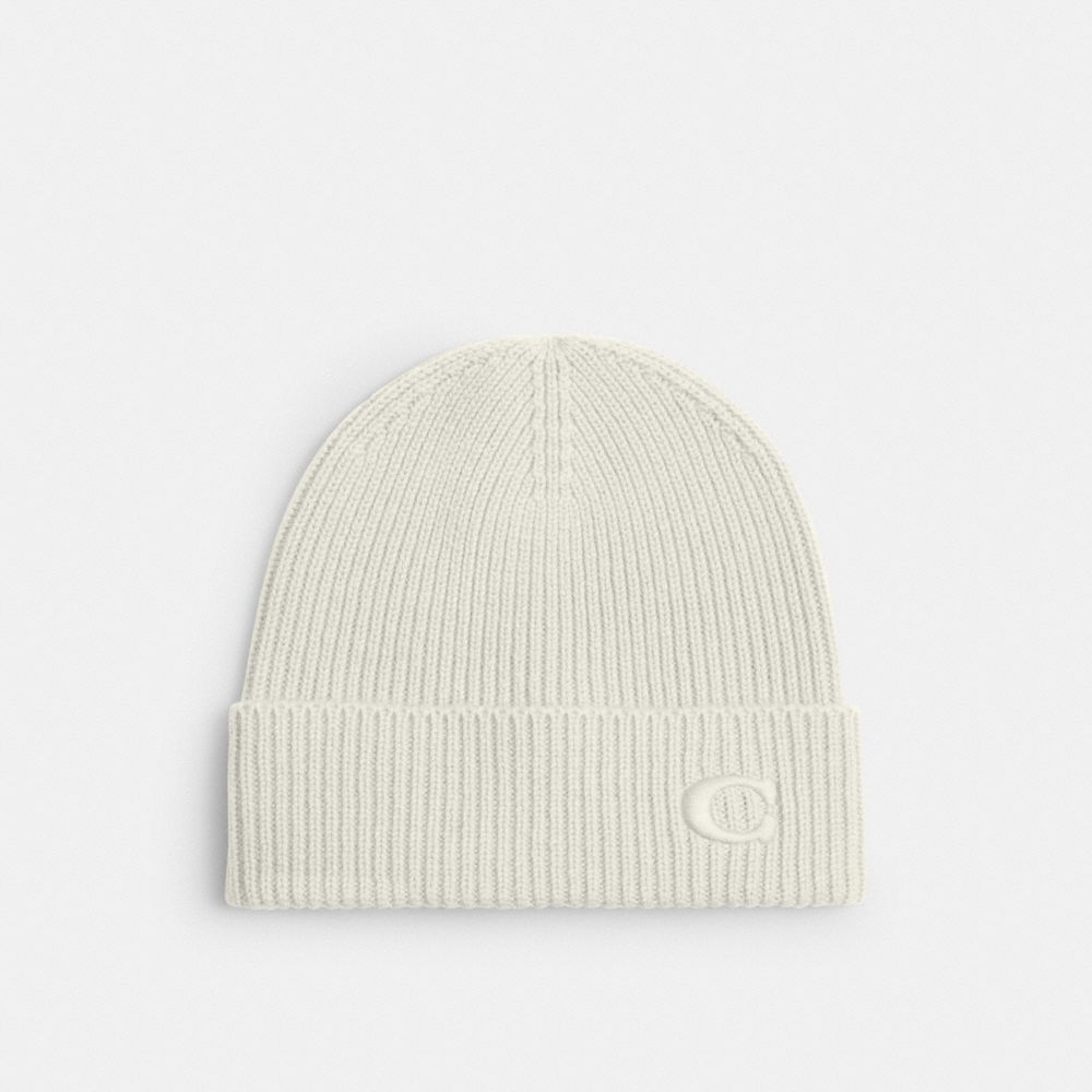 COACH®,Knit Beanie,Wool,Beanie,Embroidered,Logo,Casual,Cream,Front View