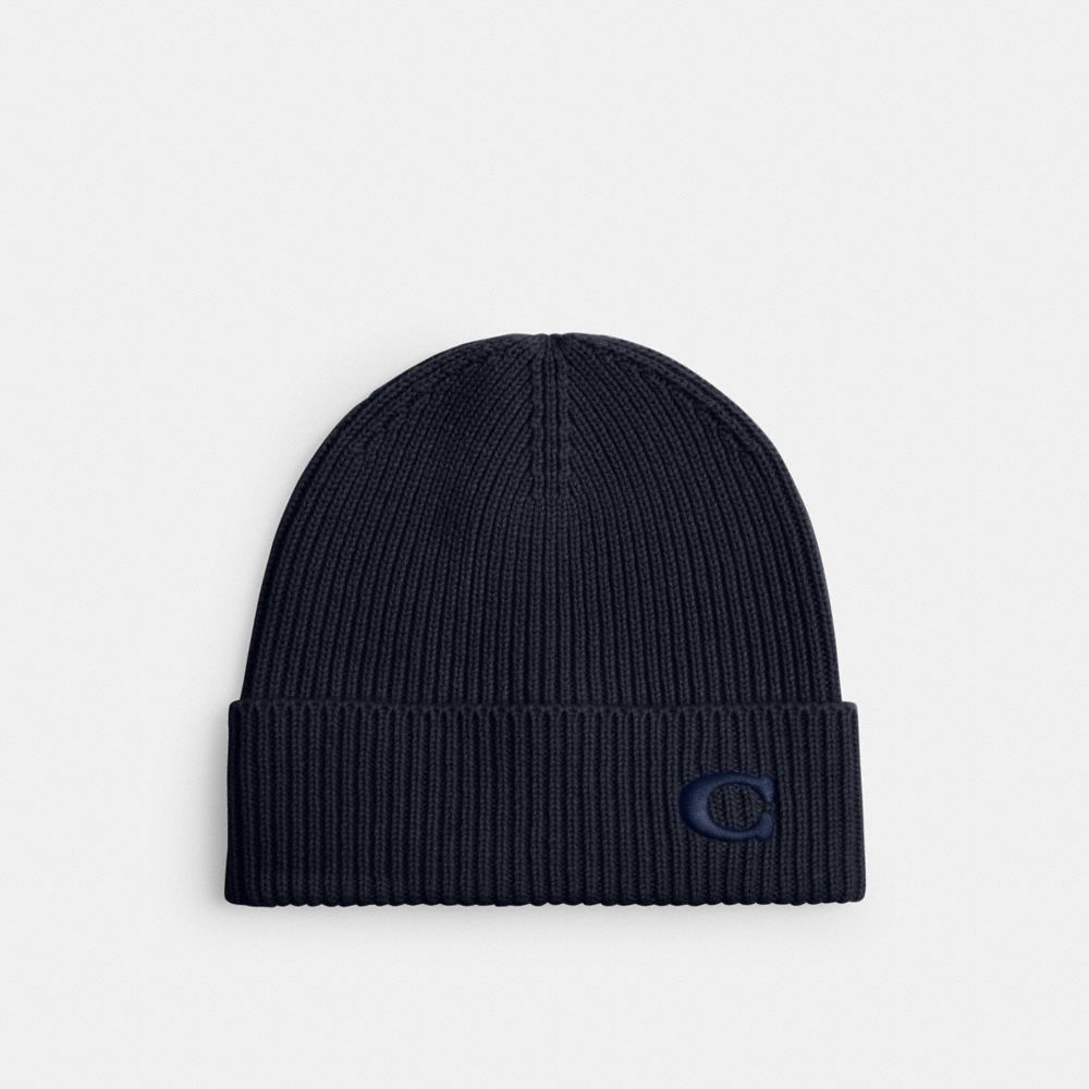 COACH®,Knit Beanie,Wool,Beanie,Embroidered,Logo,Casual,Navy,Front View
