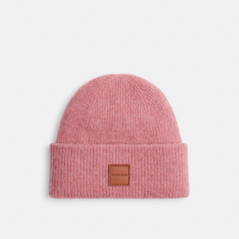 COACH®,Knit Beanie With Leather Patch,Wool Blend,Beanie,Logo,Lined,Casual,Pink,Front View