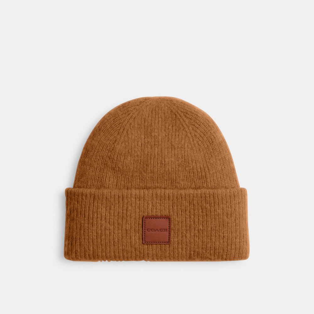 COACH®,Knit Beanie With Leather Patch,Wool Blend,Beanie,Logo,Lined,Casual,,Front View