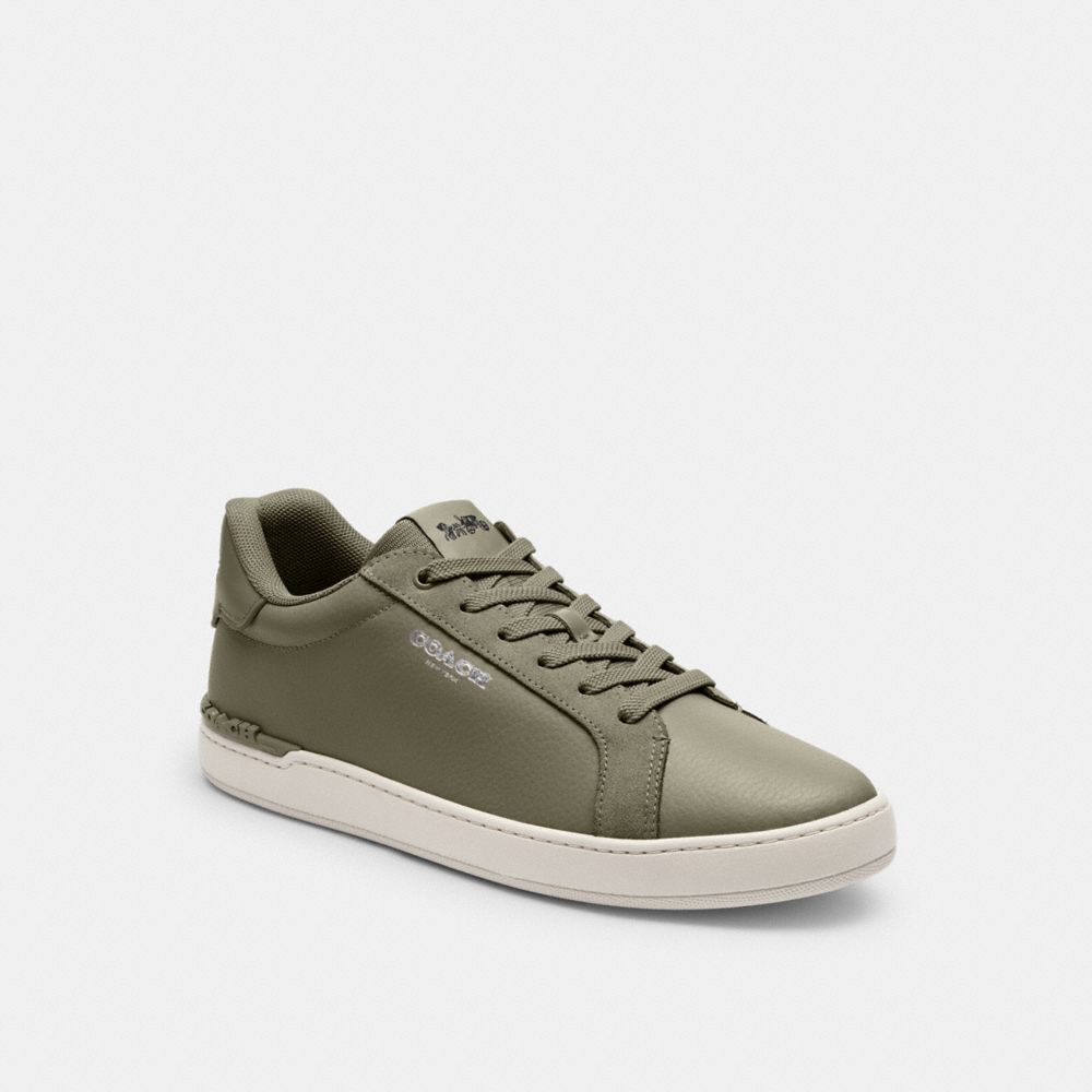 COACH®,Clip Leather Low Top Sneaker,Suede,Rubber,Casual,Logo,Word Embellishment,Embossed,Casual,Olive,Front View