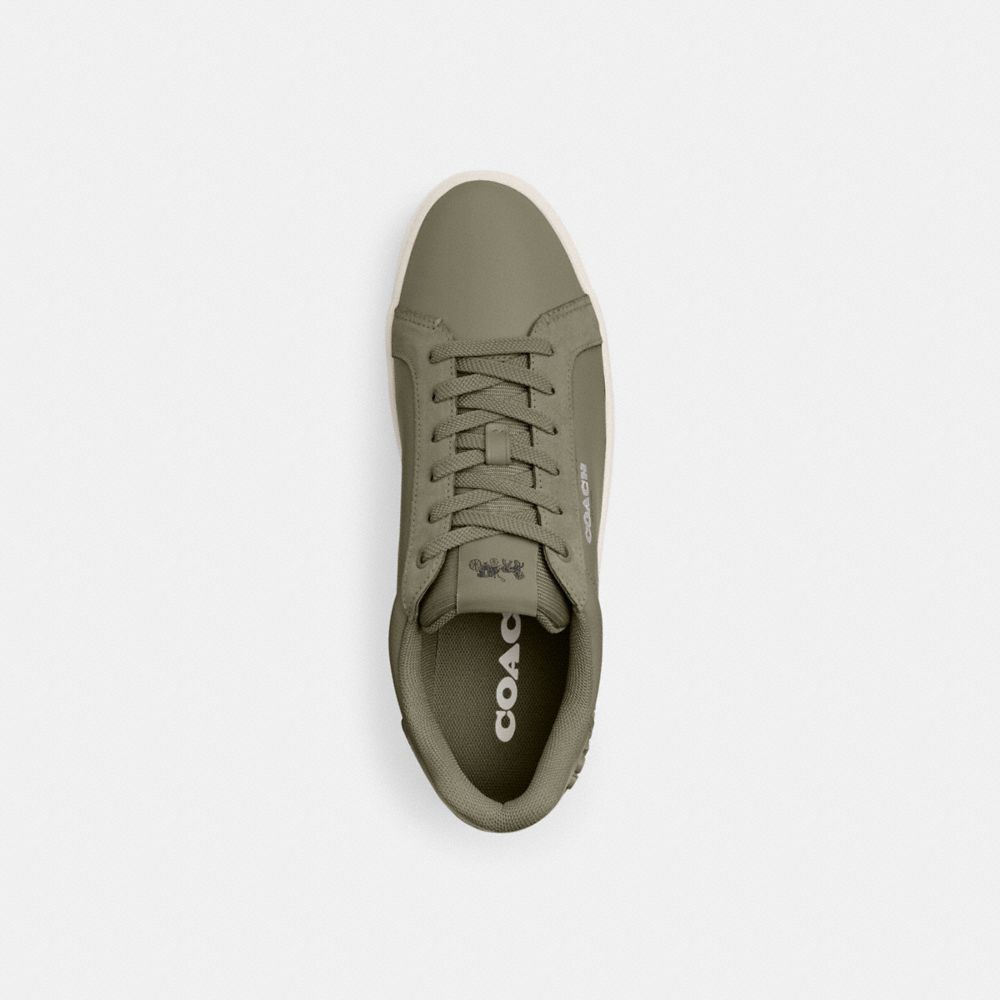 COACH®,Clip Leather Low Top Sneaker,Suede,Rubber,Casual,Logo,Word Embellishment,Embossed,Casual,Olive,Inside View,Top View