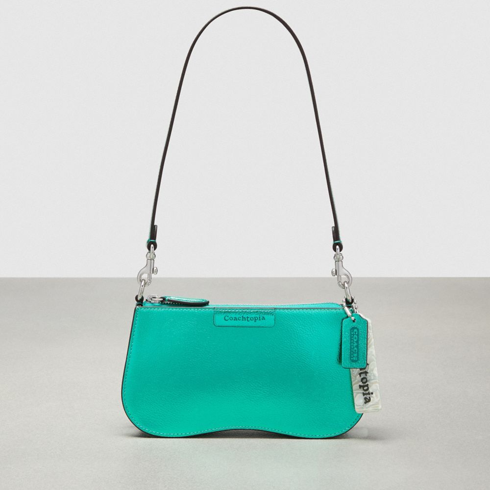 COACH®,Small Wavy Shoulder Bag In Metallic Coachtopia Leather,Leather,Shoulder Bag,Tag Embellishment,Silver Metal,Day Party,Turquoise,Front View