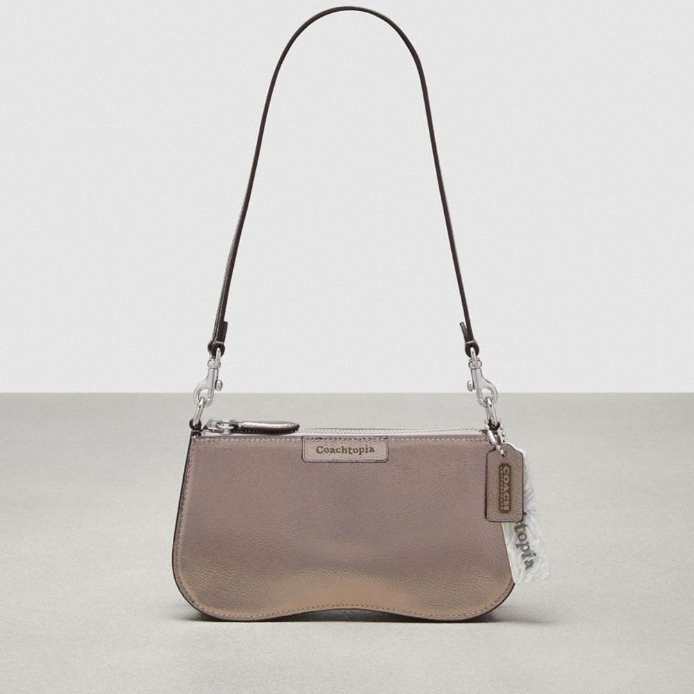 COACH®,Small Wavy Shoulder Bag In Metallic Coachtopia Leather,Leather,Shoulder Bag,Tag Embellishment,Silver Metal,Day Party,Gray,Front View
