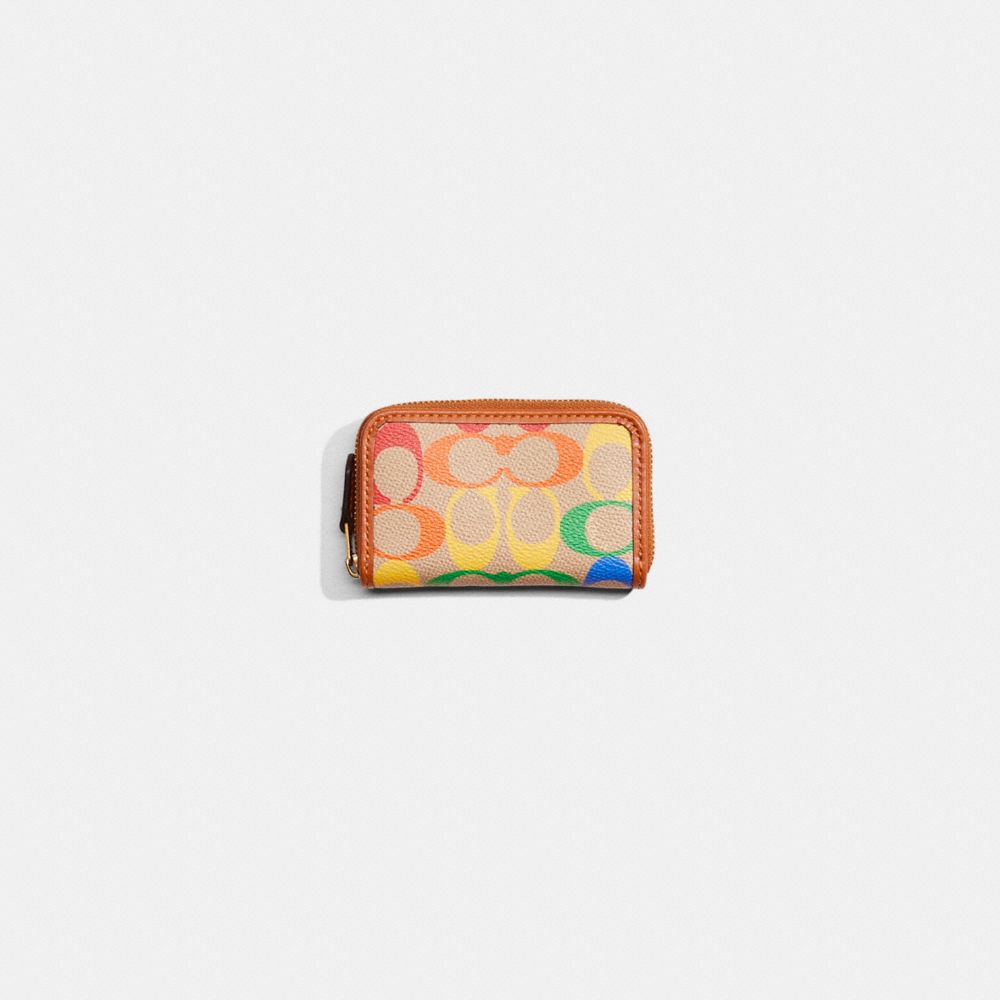 Coach Restored Small Zip Around Card Case In Rainbow Signature Canvas In Brass/tan Natural Multi