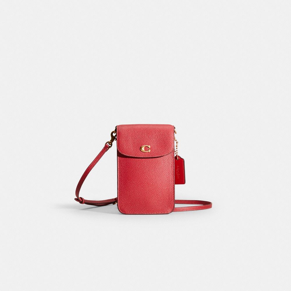 Coach Restored Phone Crossbody In Brass/enamel Red