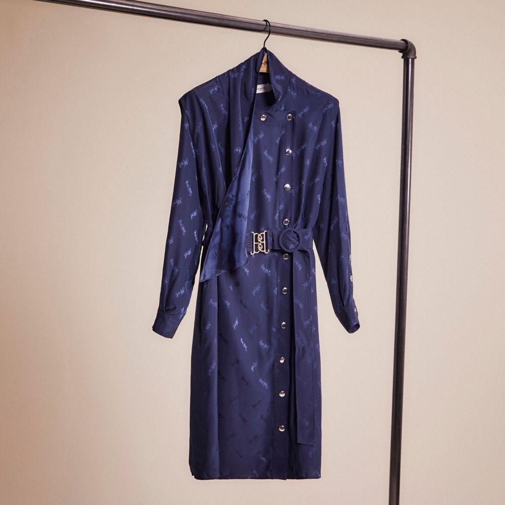 Coach Restored Jacquard Architectural Drape Belted Dress In Navy