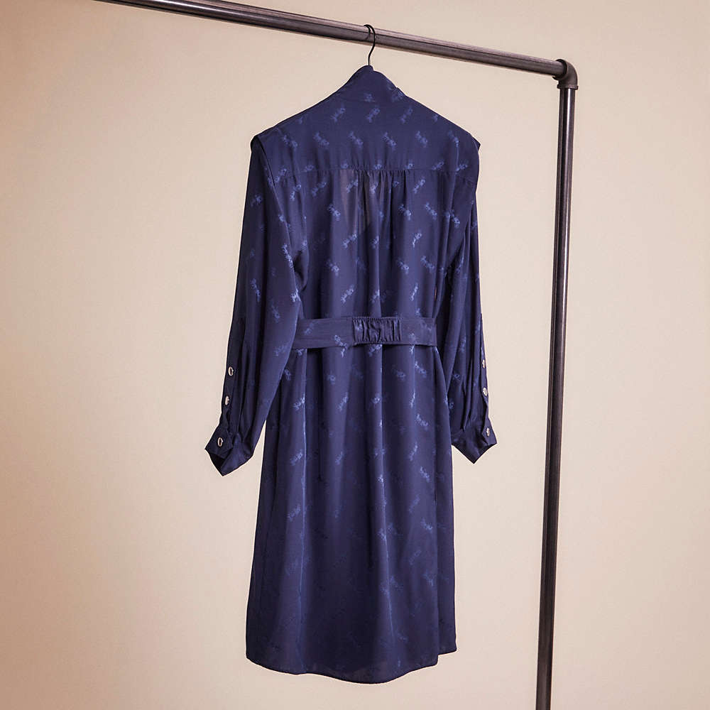 Shop Coach Restored Jacquard Architectural Drape Belted Dress In Navy