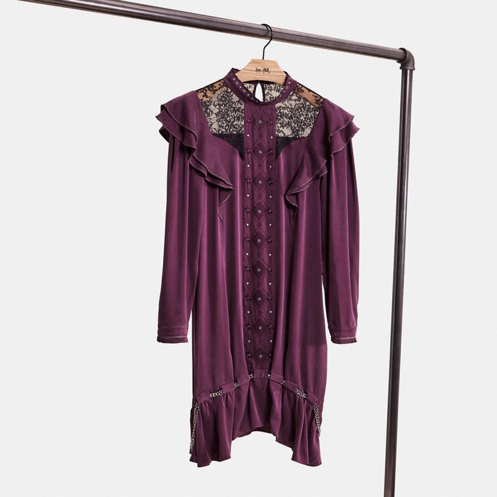 Coach Restored Long Sleeve Dress With Ruffle Trim In Purple