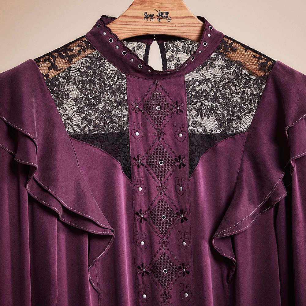 Shop Coach Restored Long Sleeve Dress With Ruffle Trim In Purple